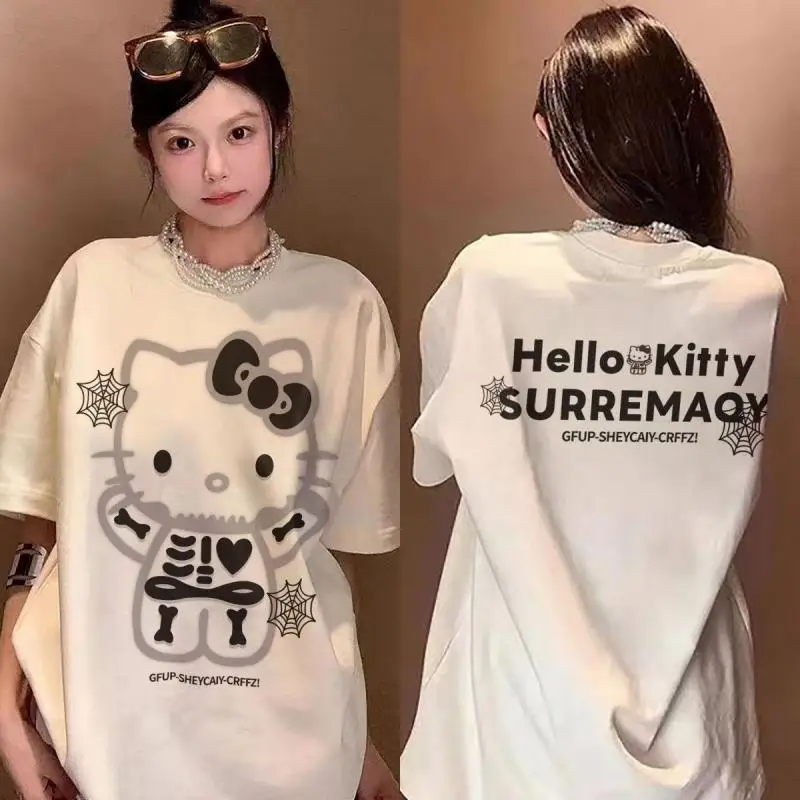 

Футболка Sanrio с короткими рукавами Hello Kitty, новый стиль, американская студентка для девочек, высокое качество, Kawaii, с короткими рукавами, летняя свободная футболка с героями мультфильмов