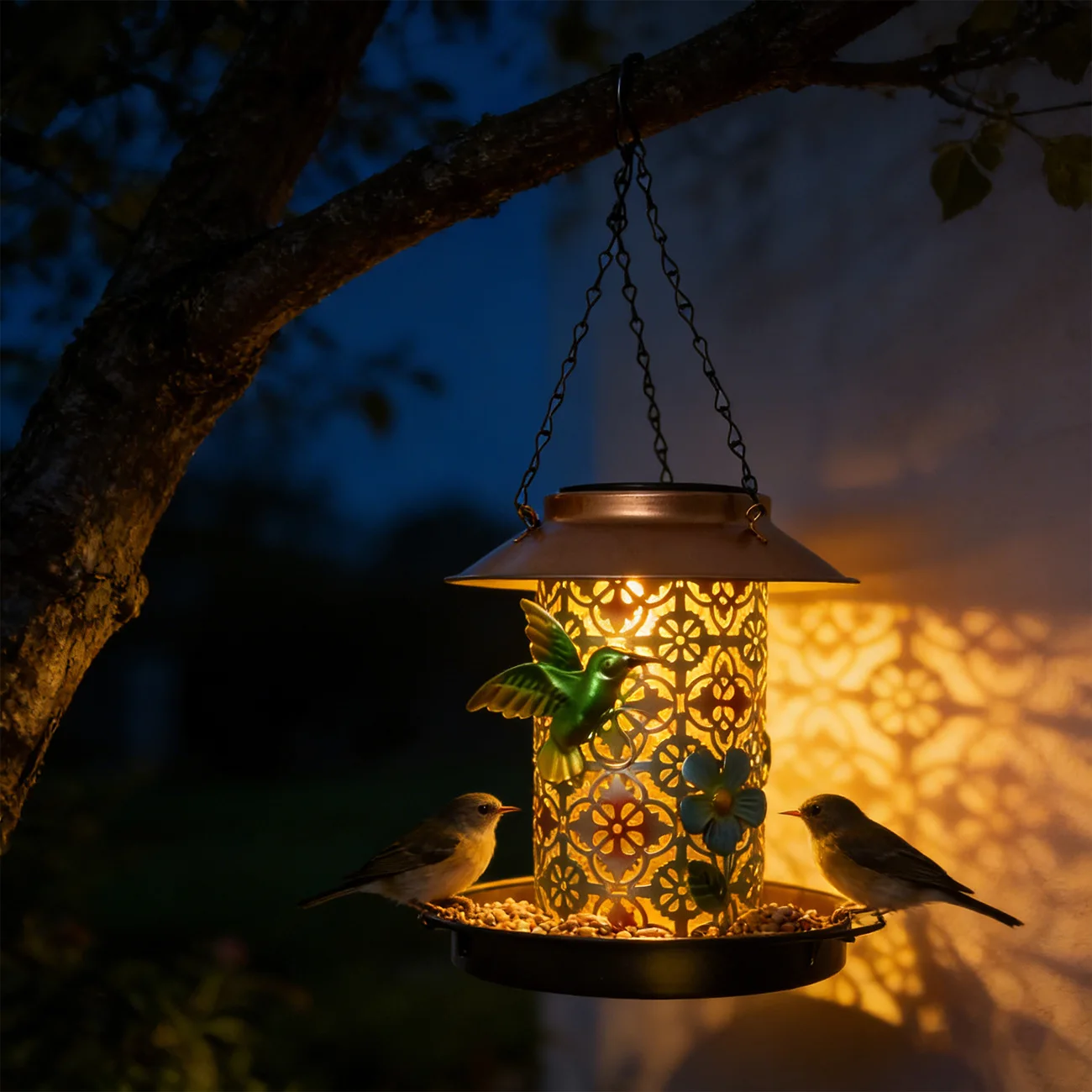 Wrought iron bird feeder hollow projection hanging light bird feeder chandelier hanging garden decoration ambient light