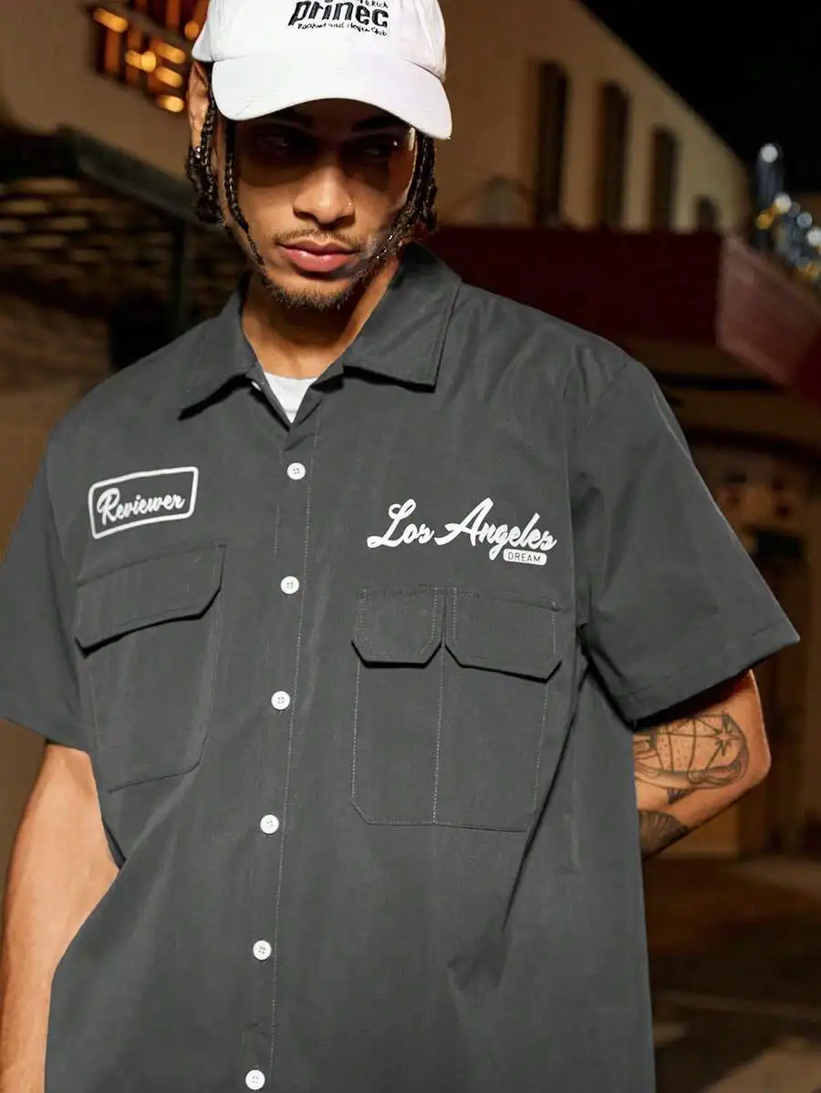 

Men's Casual Short Sleeve Workwear Shirt with Embroidered Script and Patch Pocket, Loose Fit