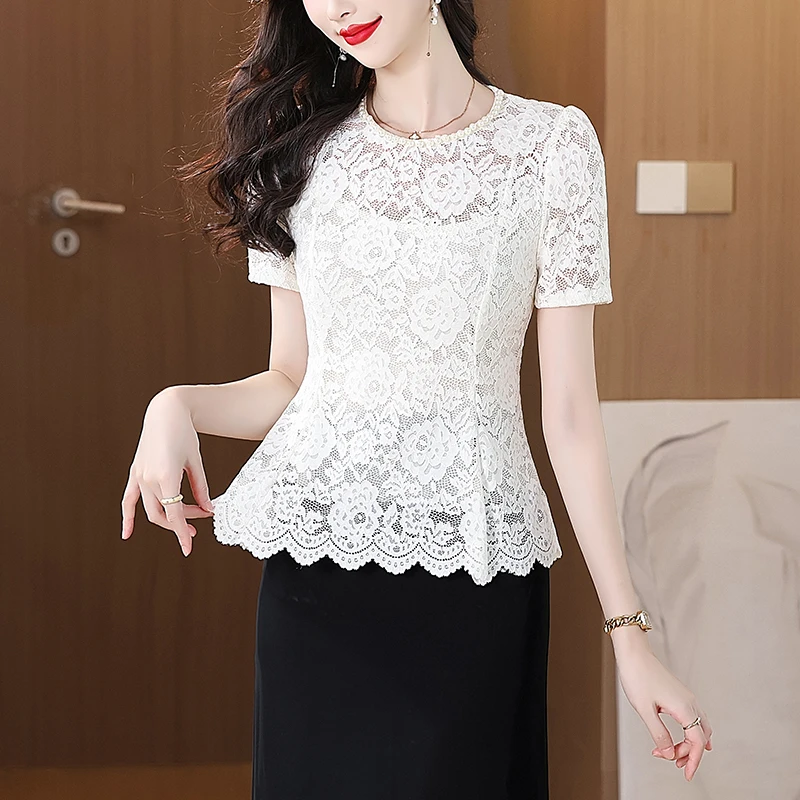 

Summer New Style Women's Slim Fit Lace Hollow Short Sleeve T-Shirt Breathable Comfortable Korean Version round Neck Top