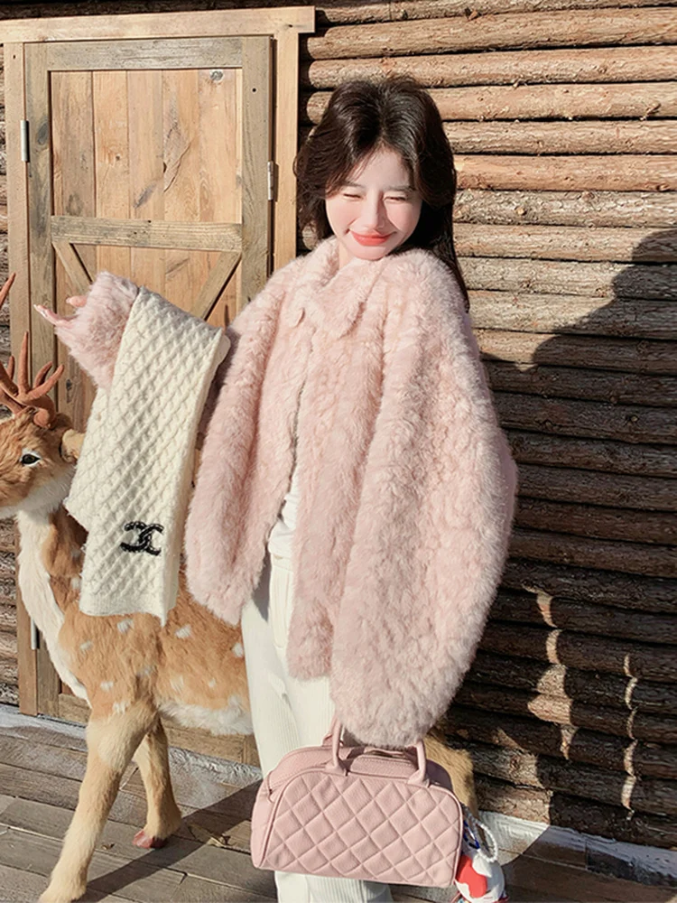 Pink Fluffy Lamb Fur Jaet Women's ort Sle Warmth Autumn Winter New Arrival Small Size Ele Loose Fit Long Sve Zipper