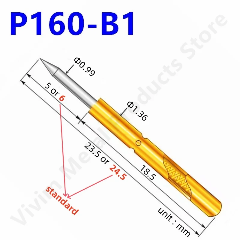 20/100 шт., пружинный тестовый зонд Φ P160-B1, тестовые контакты, латунные металлические золотые контакты Pogo, никелированный острый наконечник, зонд 23,5 или 24,5 мм