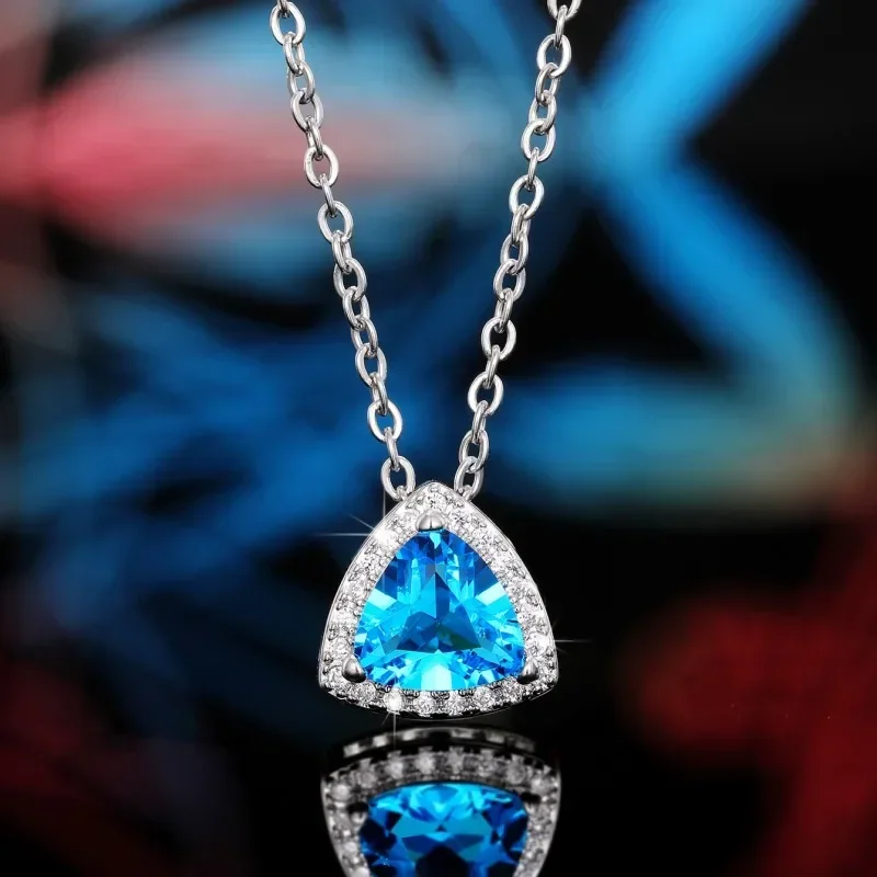 New Triangular See Blue CZ Pendant Necklace for Women  2024 Exquisite Bridal Wedding Neck Accessory Gift Statement Jewelry