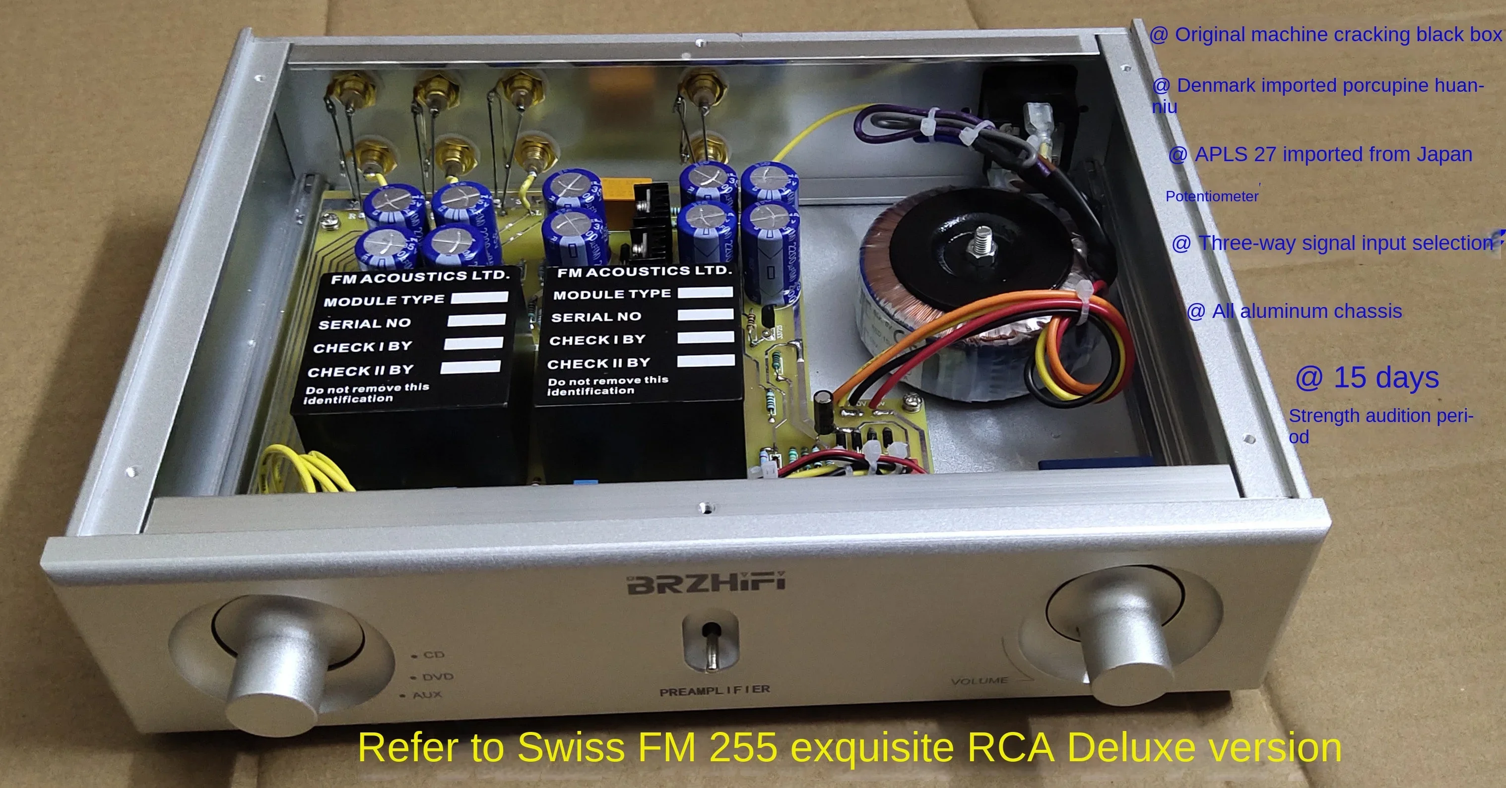 AMXEKR Finished FM255 Preamplifier HiFi Stereo 3 Way Input 1 Way Output Hi-End Preamp Silver RCA Sophisticated Deluxe Edition