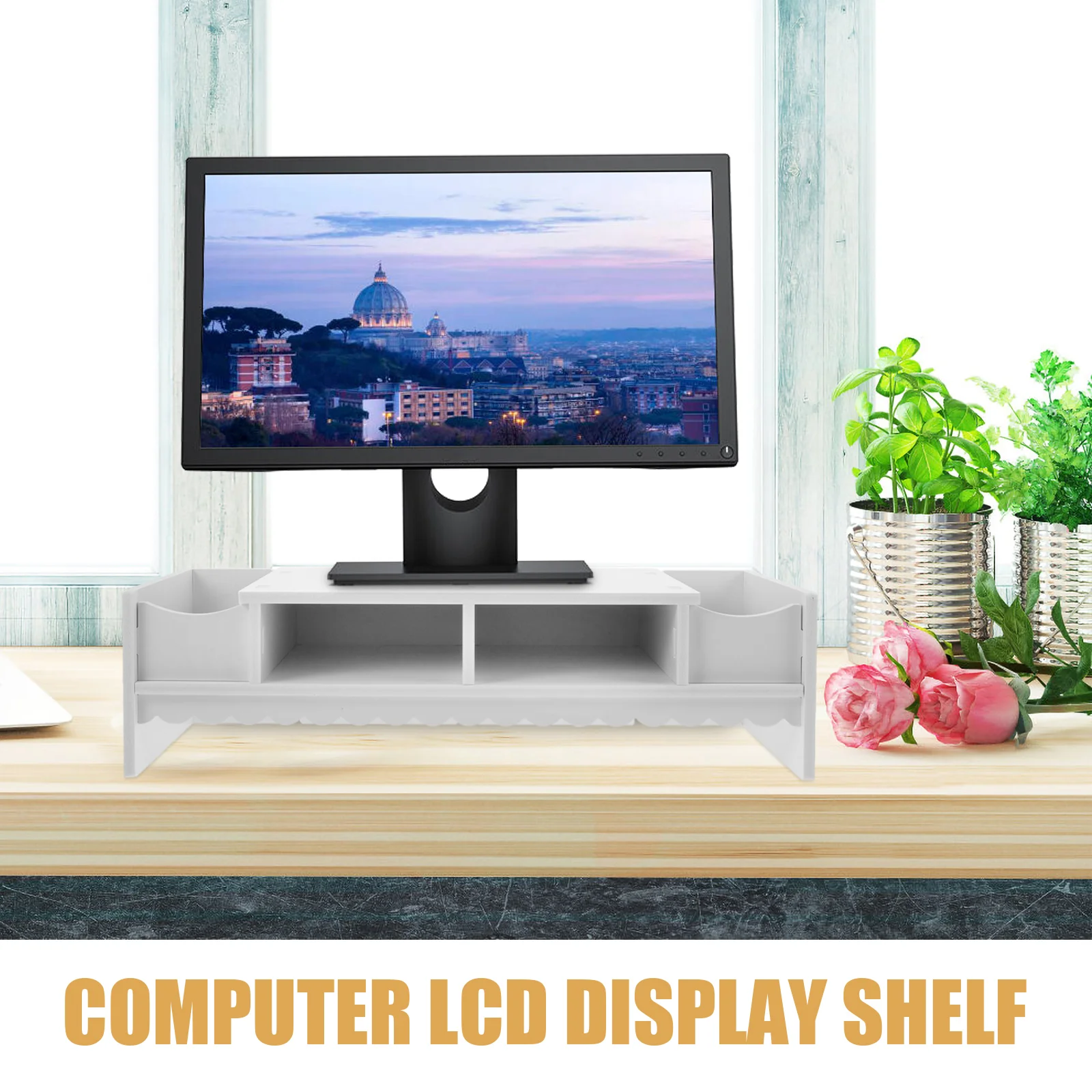 Desktop Shelf Notebooks Office Accessories Computer Riser with Drawer White Bamboo Screen Storage Bracket Work