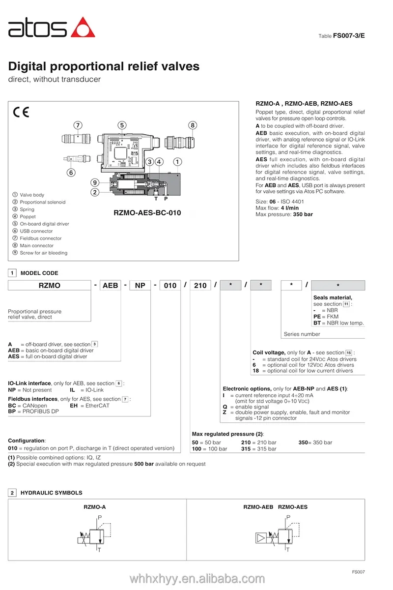 Valvola di sicurezza idraulica ATOS RZMO-P1-010/100 20 Valvola di controllo della pressione proporzionale pilotata