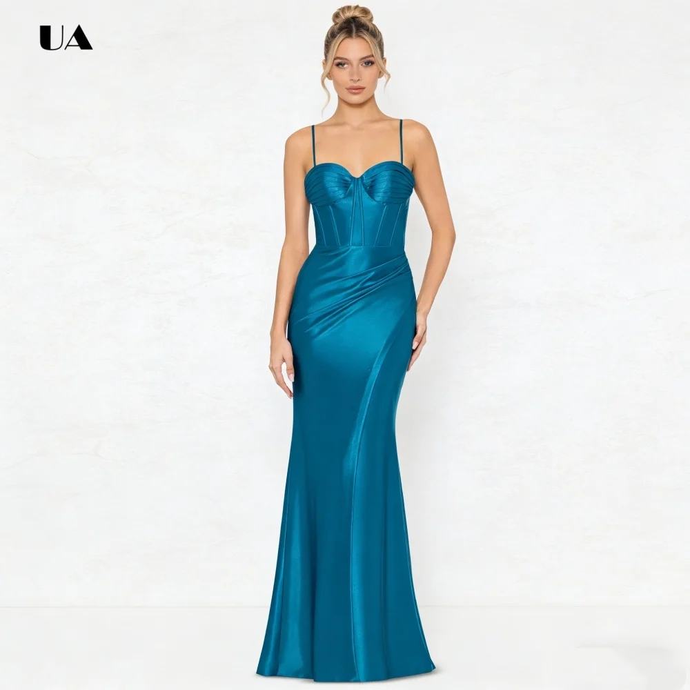Vestido de fiesta de sirena simple con correa de espagueti, vestido de noche de satén plisado liso, vestido de fiesta personalizado con cuello de corazón