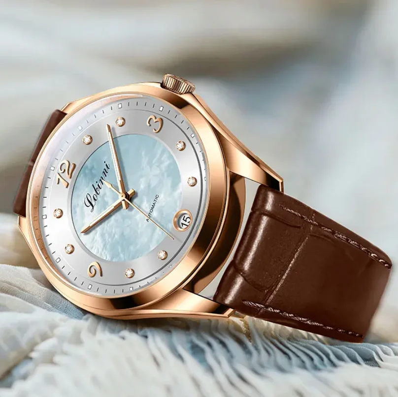 

LOBINNI женские автоматические часы женские 34 мм механические наручные часы водостойкие австрийский кристалл сапфир трилистник жемчужный циферблат