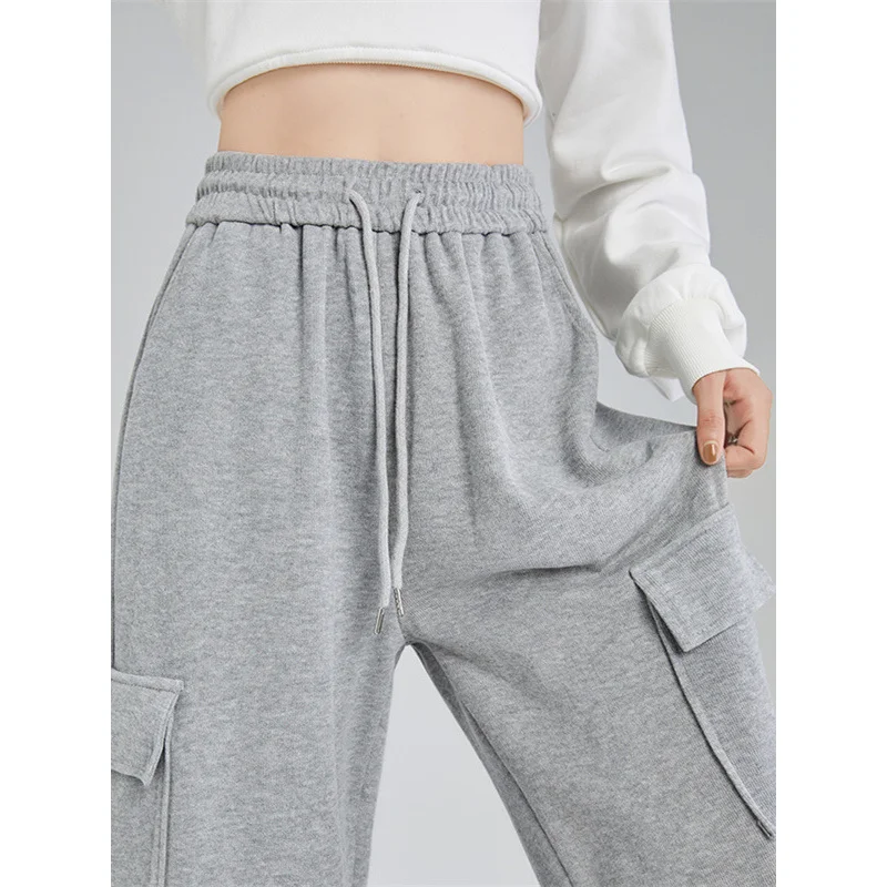 

Light Gray Multi-Pocket Casual Pants Spring Autumn High Waist Fashion Cargo Pants Korean Style Loose Fit Petite Wide Leg Pants