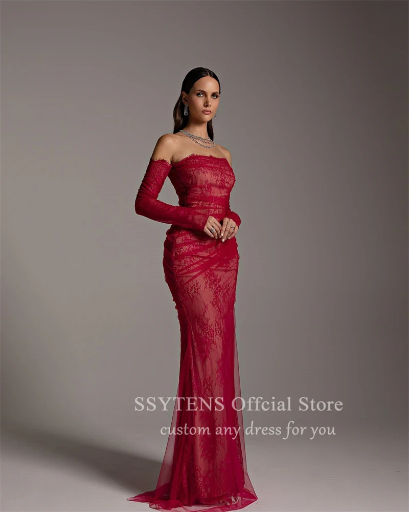 SSYTENS Red Special Occasion Party Dress Mermaid Formal Prom Gowns Customized Lace Detachable Long Sleeves Saudi Evening Dresses