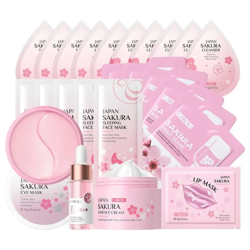 

24pcs Sakura Skin Care Set Eye & Lip Masks Serum Nud Masks Cleanser Toner Essence Cream Moisturizing Smoothing Nourishing Beauty