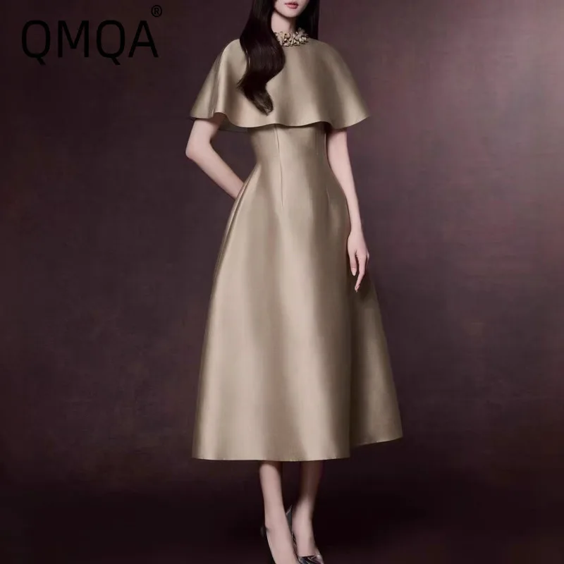 QMQA موضة المرأة أنيقة كيب فستان ستان المرقعة ثلاثية الأبعاد الأزهار شال الجولة الرقبة ثوب فساتين طويلة 2026 ربيع جديد QM963 #1