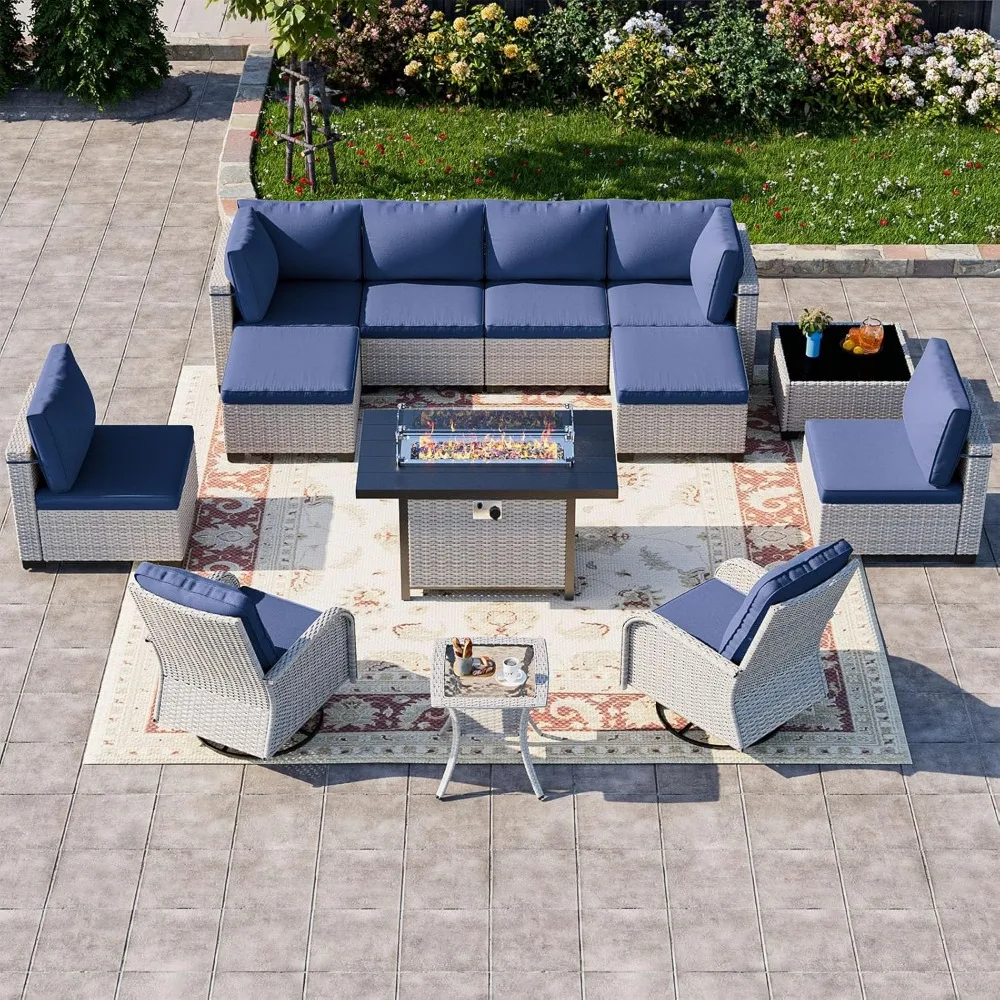 13-Piece Patio Furniture Set, Outdoor Patio Furniture with Swivel Chairs Set, Ottomans, 55,000 BTU Fire Pit Table, Modular Patio