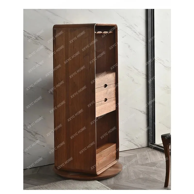 XXWalnut Solid Wood Restaurant Wine Cabinet Rotating Minimalist Floor Multi-Function Locker