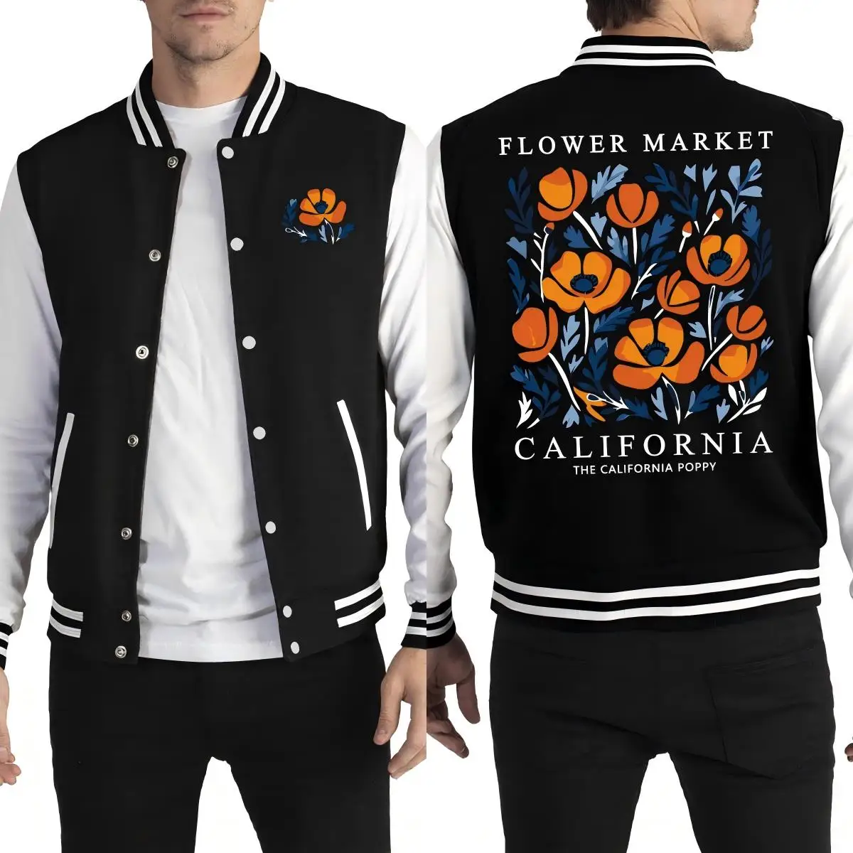 

Yellow Flowers Market California Prints Men Baseball Uniform Fleece Hip Hop Jackets Casual Streetwear Male Oversized Clothes