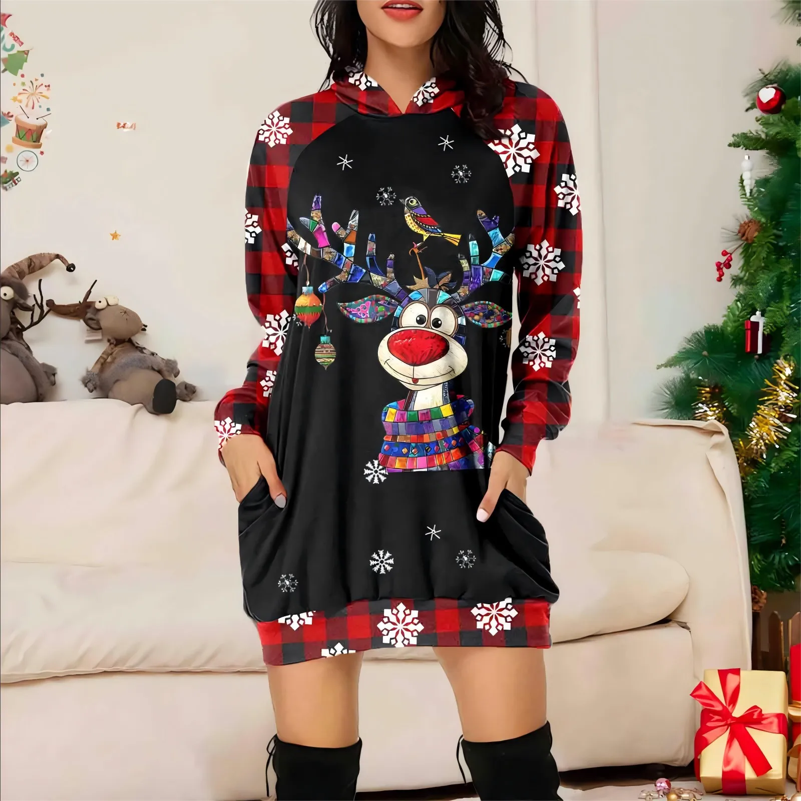 

Ladies Comfortable Vintage Merry Christmas Printing Dress Hoodies Long Sleeve Loose Fitting Casual Midi Dresses With Pockets