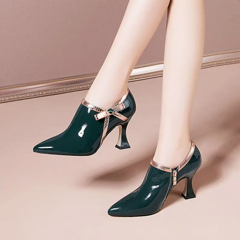 2024 NEW Fashion Spring Shoes,Women Pumps,High Heels,Patent Leather,Pointed Toe,Bowtie,Side Zip,Female Footware,Black,Green