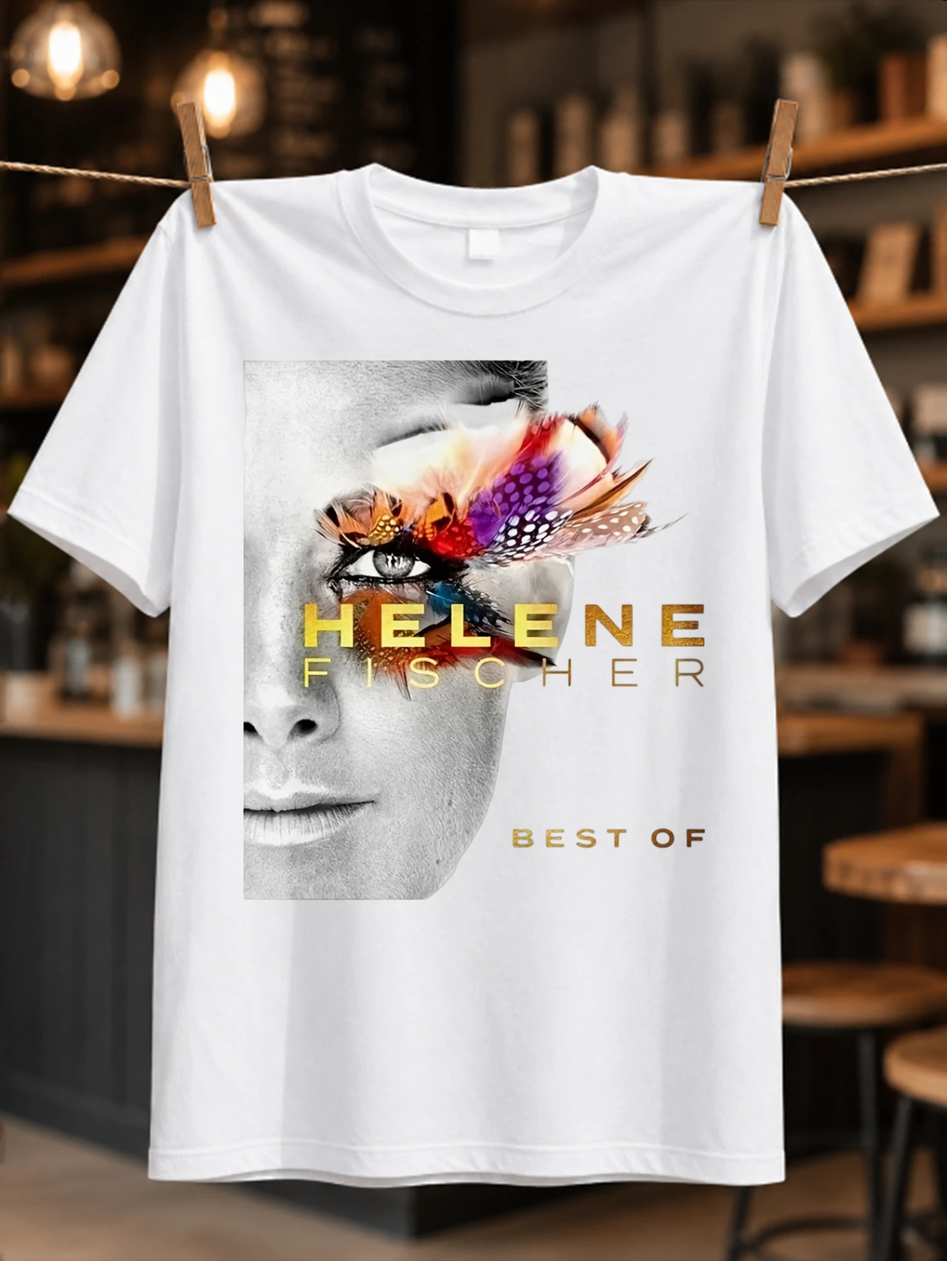 Best Of grayscale half face with vivid feather eye accent and gold spaced lettering elegant fan  Unisex All T-Shirt