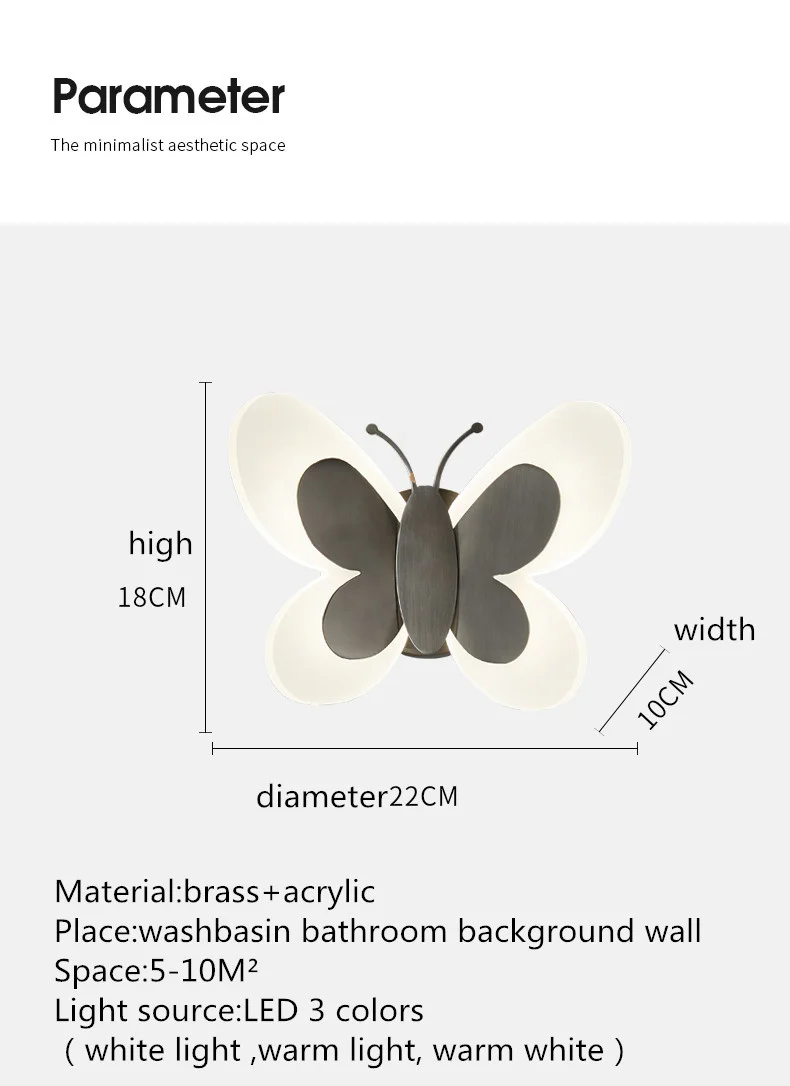 TYLA Indoor Black Brass Butterfly Sconce Light LED 3 Colors Lifelike Creative Wall Lamp for Bed Living Room Decor