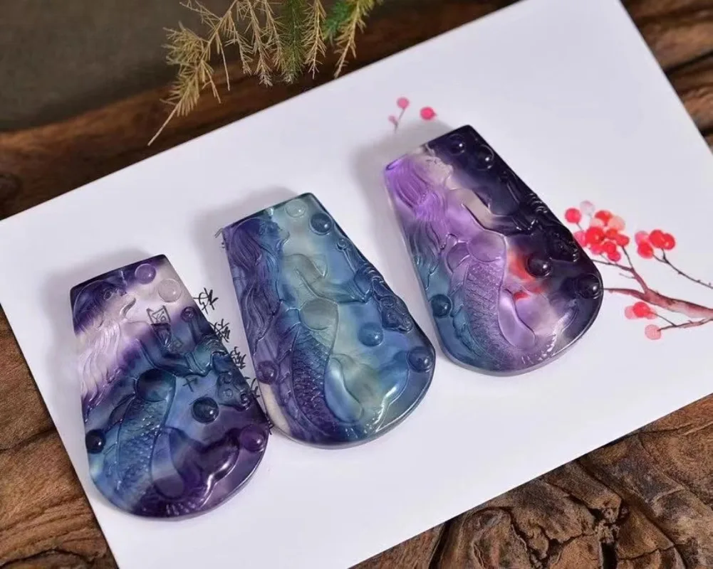 Natural Colorful Fluorite Hand -carved Mermaid Pendant Fashion Boutique Jewelry Men's and Female Jade Necklace Gifts