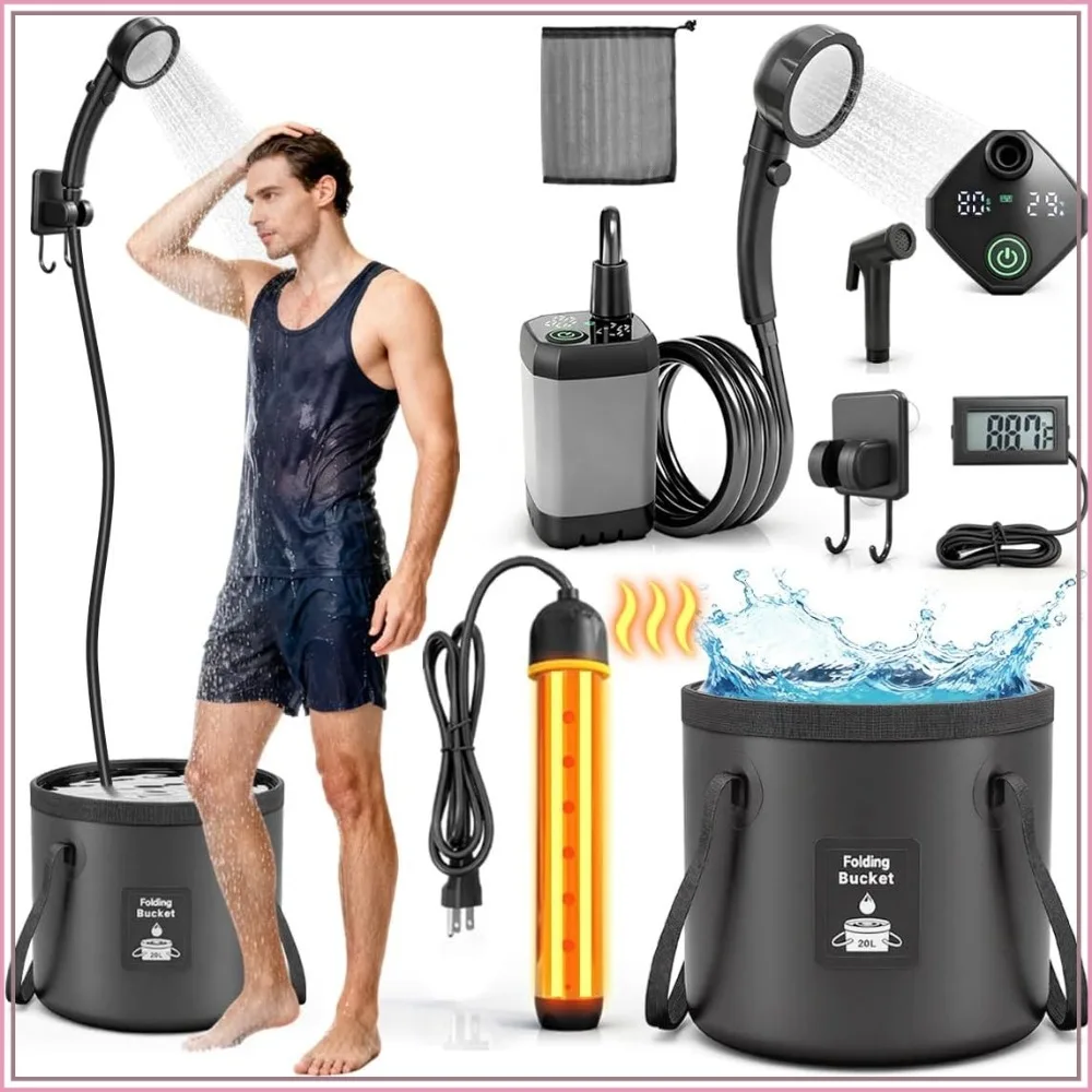 

1500W Portable Camping Water Heater with Shower Head, 3 Spray Modes, 6000mAh Rechargeable Pump, LED Display, Foldable Bucket for Outdoor Showering