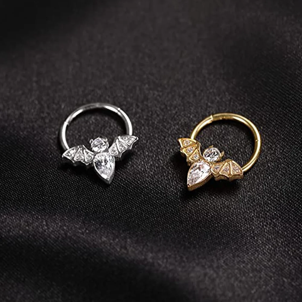 F136 16G CZ Bat Septum Clicker Hoop Ring G23 Titanium Hinged Nose Rings Daith Helix Cartilage Tragus Earring Piercing Jewelry