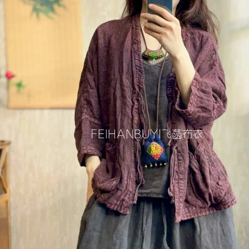 Printemps automne nouveau Style artistique femmes laçage conception point ouvert manteaux courts Vintage coton lin décontracté vestes amples de haute qualité