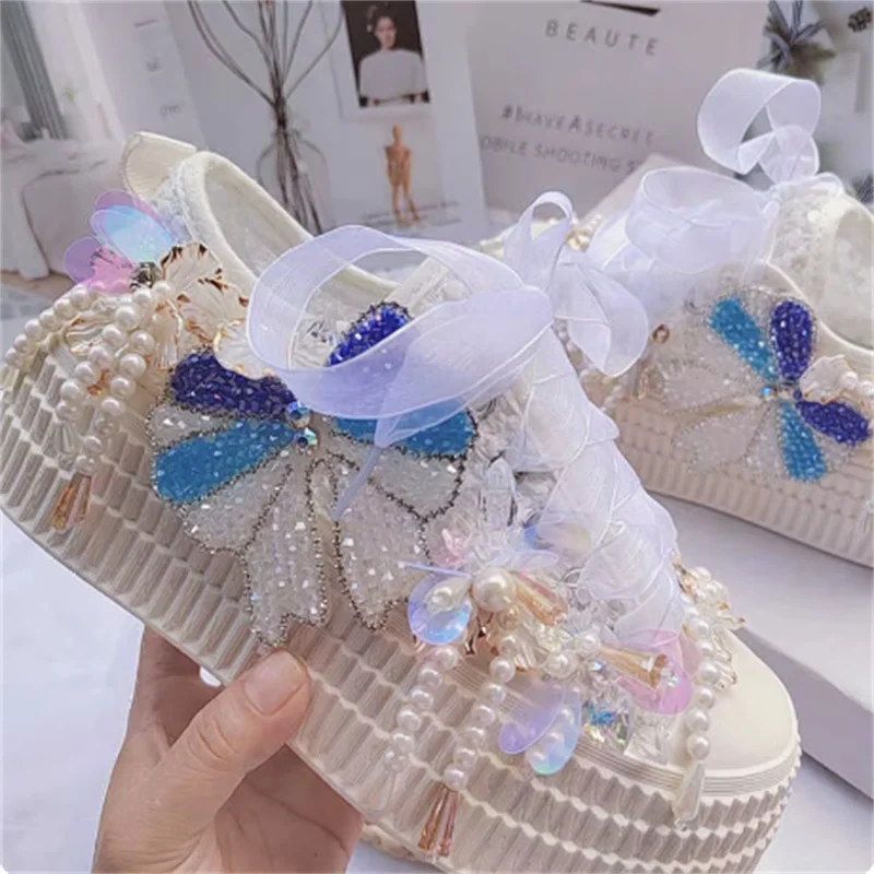 Hand-stitched rhinestone sequins beaded lace wedding party party women's shoes Heavy white low-top canvas shoes 35-40