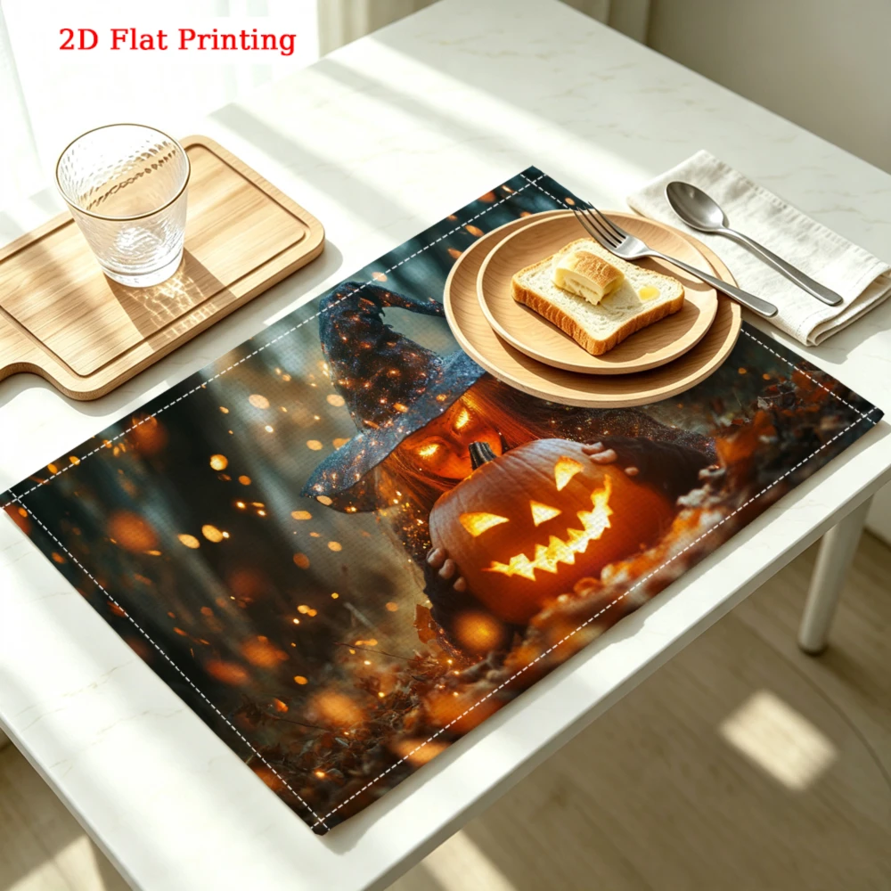 1Pc Halloween Witch Pumpkin Placemat Orange Black 2D Flat Printing Table Mat Kitchen Dining Decor Party Use 30X40Cm