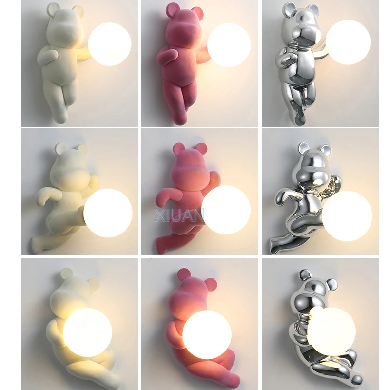 Chrome White Pink Bear Lights Art Design Bedroom Bedside Wall Lamps Resin Animal White Sconces Living Room Decorative Wall Light