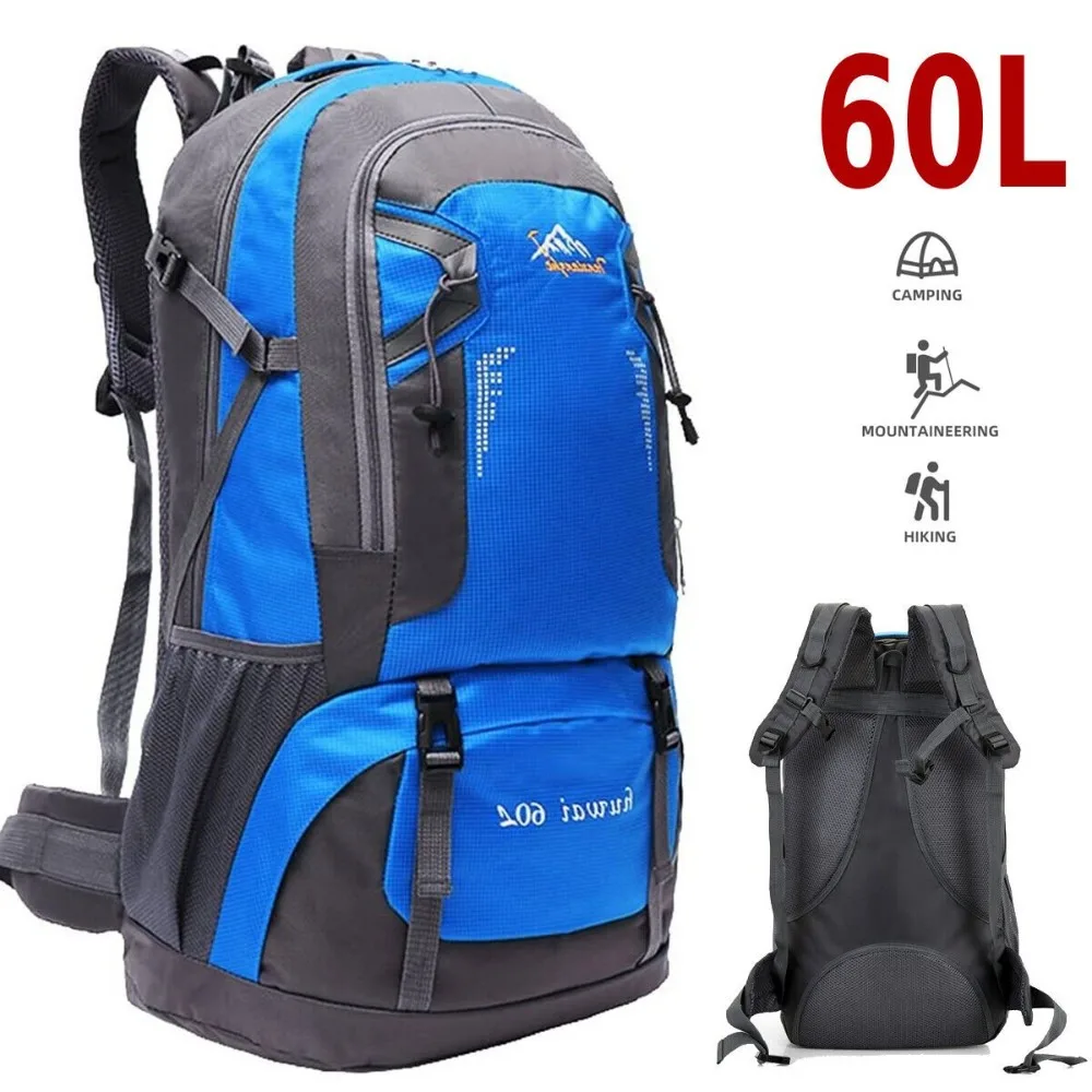 Ce sac à dos imperméable de 60 litres pour l'extérieur est doté de bretelles réglables et d'un ceinture de taille, ce qui le rend adapté au camping, à la randonnée, à l'alpinisme et au cyclisme.