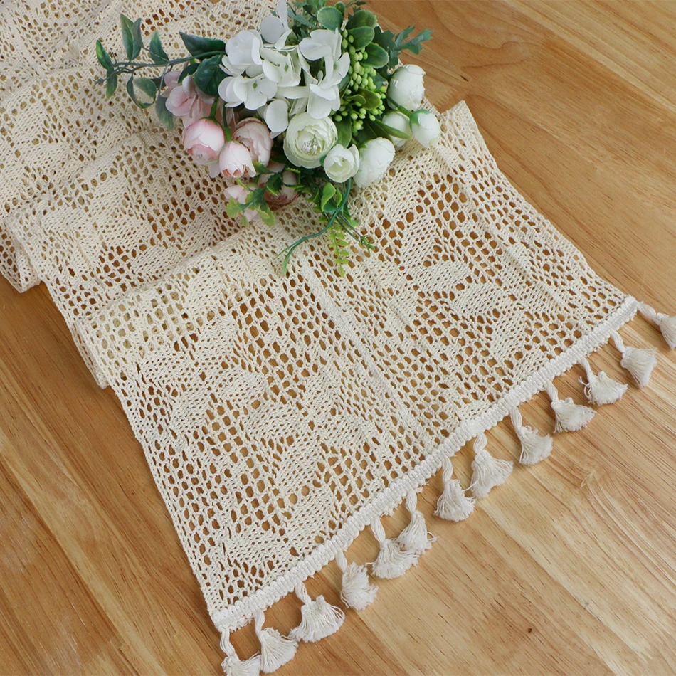 Beige Crochet Tassel Table Runner,Cotton Blende Fabric for Kitchen Dining Coffee Table Wedding Birthday Holiday Decor