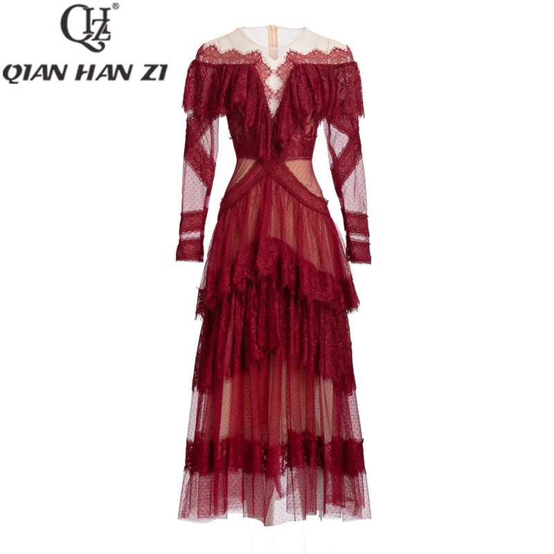 

QHZ Spring Summer designer fashion Elegant lace long dress Women Vintage long sleeves Ruffle slim party Maxi Dress