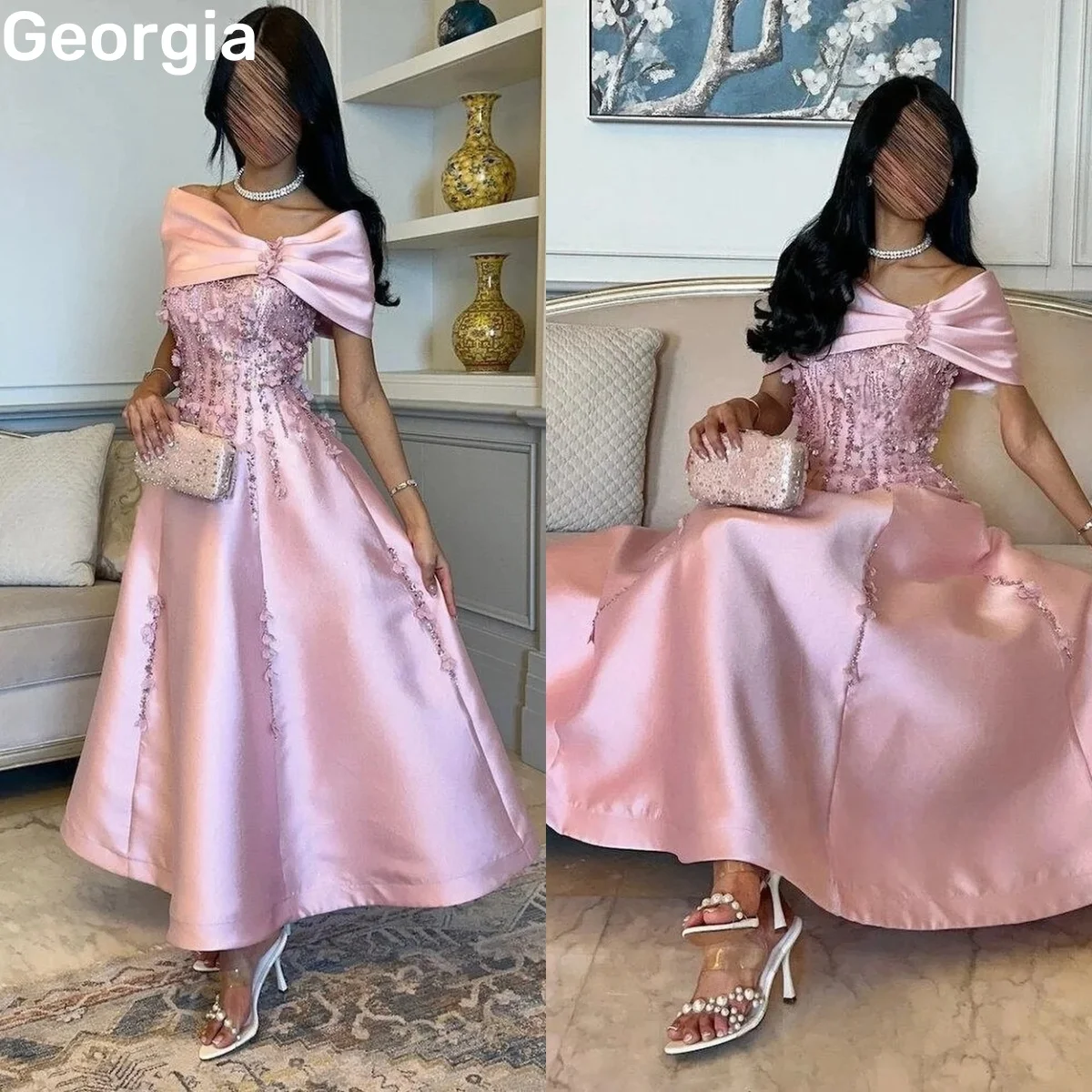 

Customized Evening Dresses Off-The-Shoulder Neckline Prom Dresses A-Line Pink Ankle-Length Elegant Party Dresses For Women Zippe