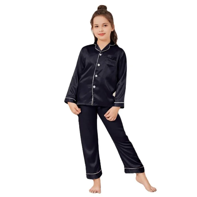 Pajamas Little Kids Boys Girls Satin Silky Black Sleepwear Set Button-Down Clothes Long Sleeve Children Loungewear