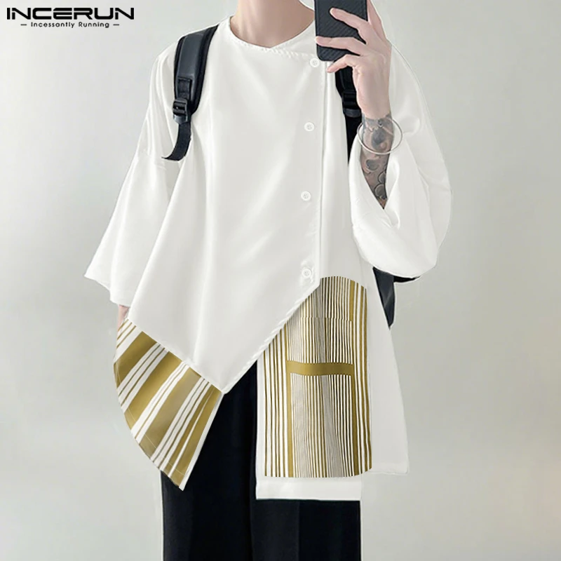 INCERUN Męska Koszula Nieregularna w Paski z Naszywkami, Rękaw 3/4, Luźna Odzież Męska, Styl Koreański, Moda Streetwear, Casualowe Koszule Męskie
