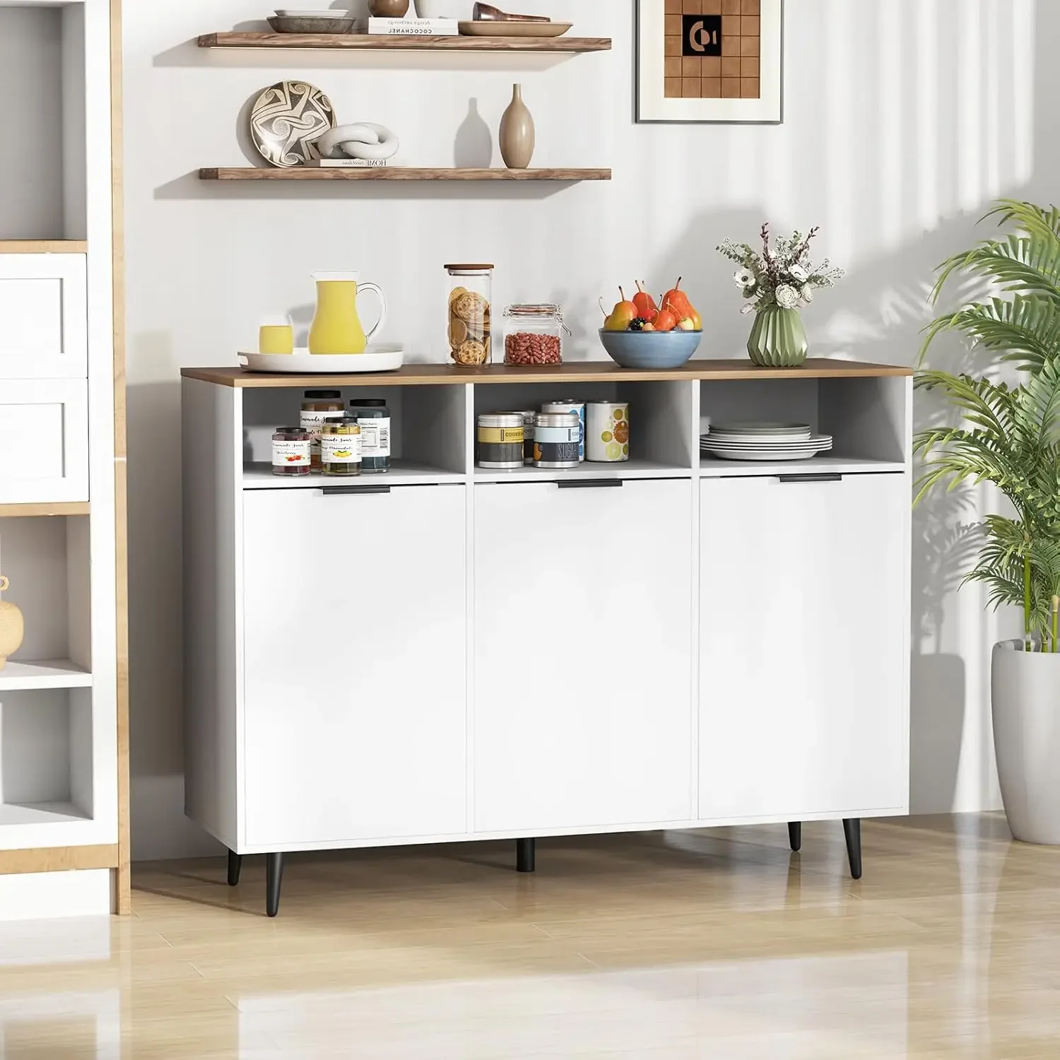 Kitchen Storage Cabinet with 5-Position Adjustable Shelves, Coffee Bar Cabinet with 3 Open Compartment