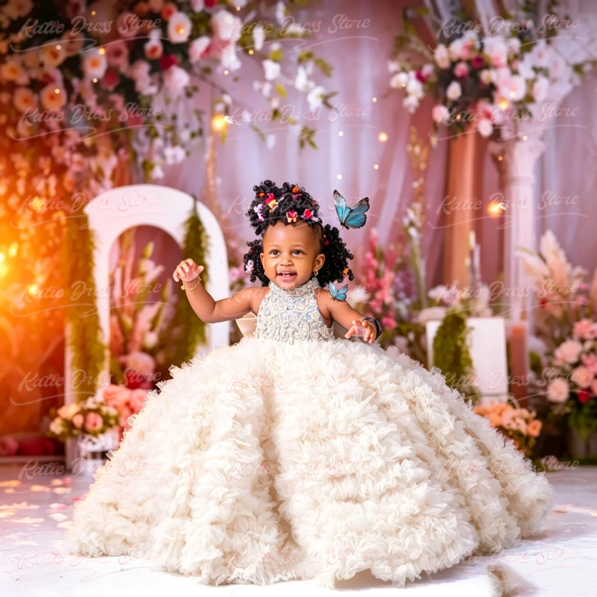 Flower Girl Dress For Wedding Tulle Puffy Beading Sleeveless Elegant Kids Birthday Party First Communion Ball Gowns Customized