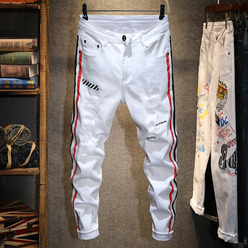 Personality fashion White jeans men's fashion hot stamping flower embroidery street handsome slim fit skinny stretch trousers