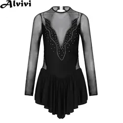 Women Figure Ice Skating Leotard Dress Long Sleeve Shiny Rhinestone See-through Mesh Ruffle Ballet Dance Roller Skating Clothing