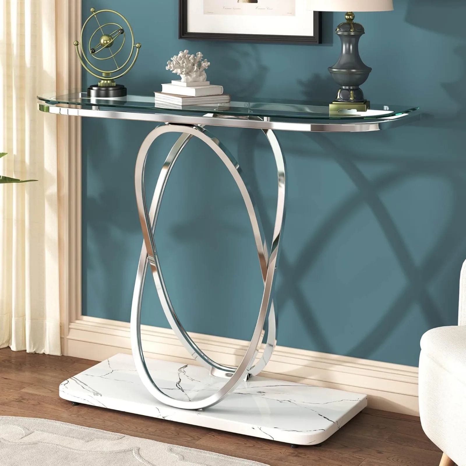 US Glass Console Tables for Entryway,Silver Entryway Table with Oval Frames and Marble Base,Chrome Entrance Table Glass Sofa