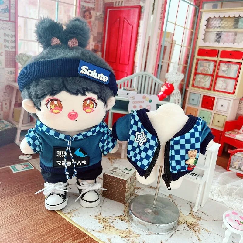 

4Pcs Checkered Hoodie Jacket Suit Kawaii Boy Plush Doll Cute Stuffed Plushies Idol Doll DIY Clothes Accessory Soft Kids Toys