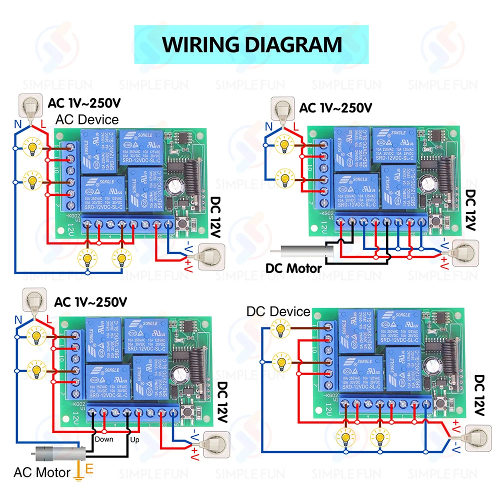 433 Mhz Universal Drahtlose Fernbedienung Licht Schalter DC 12 V 4CH RF Relais Empfänger 60 m Reichweite für Licht/Garage Tür/LED DIY – Detail 10