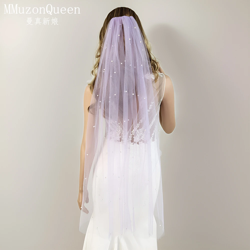 MMQ M61 Light purple Pearl Wedding Veil For Bridal Soft Tulle Bridal With Comb Bride Party Accessories vestido de novia