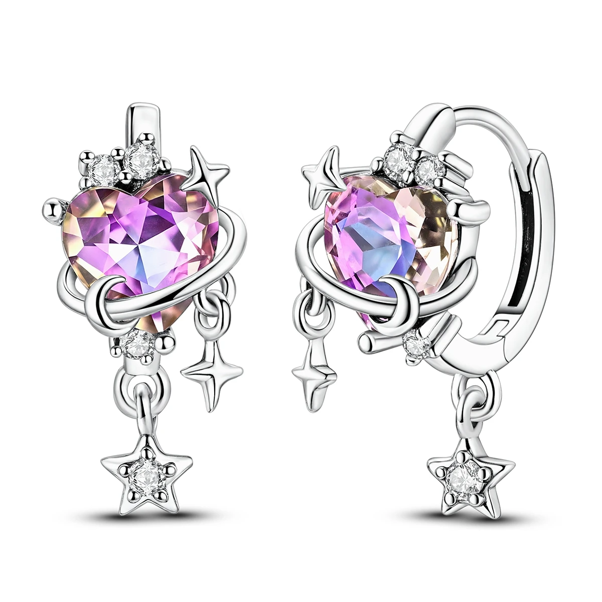 

925 Sterling Silver Hoop For Woman Earring Shining Love Planet Star Pink Heart Female Fine Jewelry