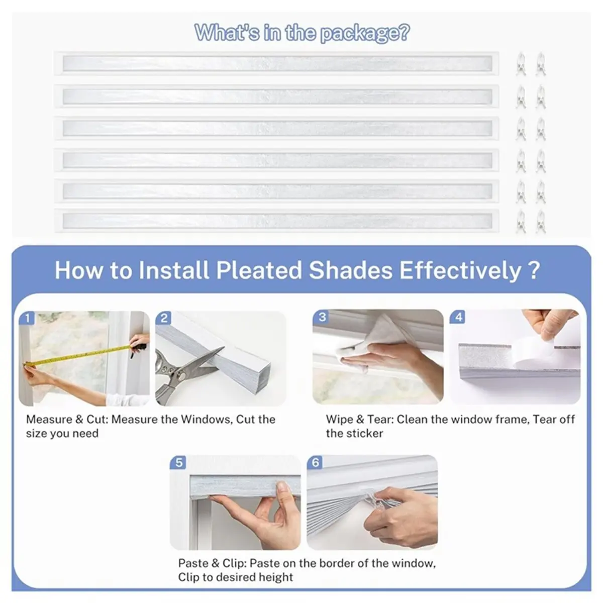 Easy Install Temporary Blackout Paper Shades, 6 Pack Pleated Blinds with Adhesive, No Tools Required (36