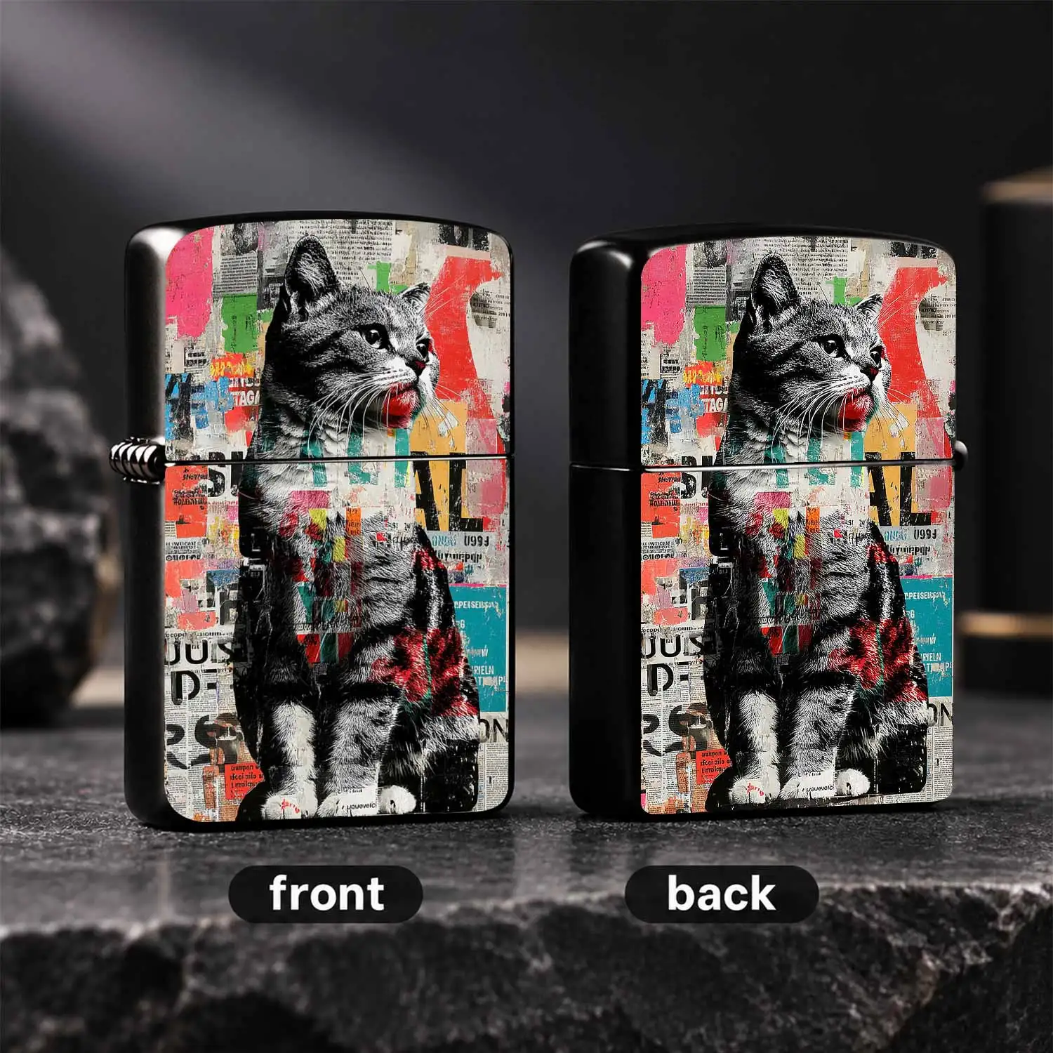Vintage Collage Style Tabby Cat Lighter Retro Newspaper Graffiti Art Portable Igniter Fashion Decor Accessory For Home Outdoor Travel Thoughtful Creative Holiday Birthday Gift For Pet Lovers A Humorous And Interesting Lighter