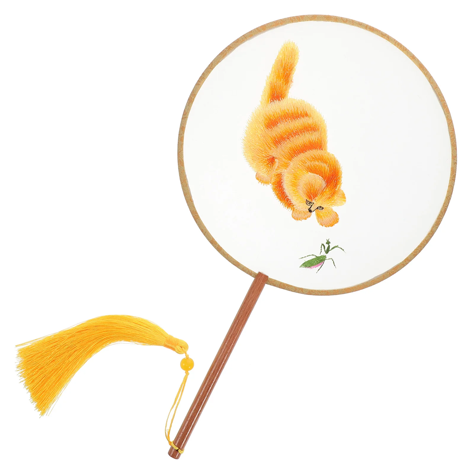 Éventail Rond Brodé Double Face, brevà Manivelle, Style Chinois, Imprimé Chat