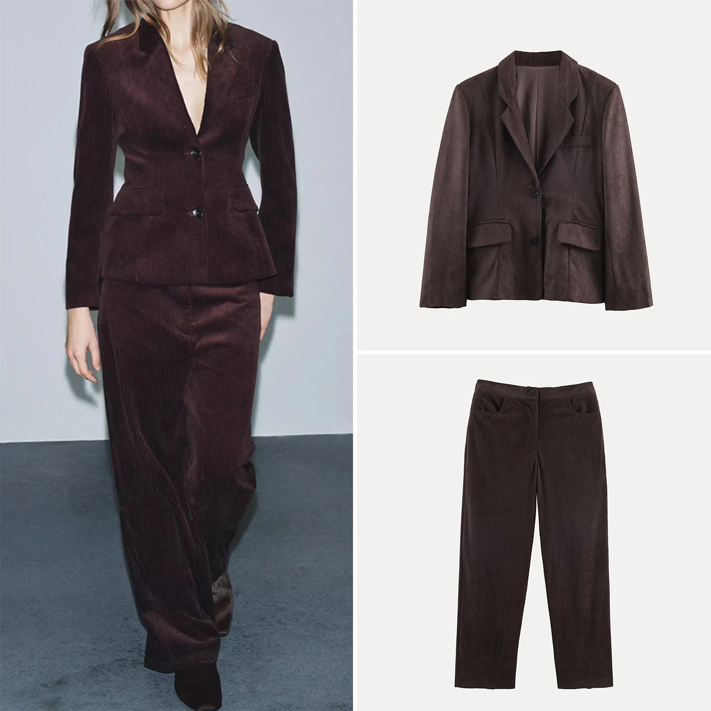 

Z женский модный универсальный костюм из джата и широких брюк, комплект с высокой талией, длинная зимняя рабочая одежда на пуговицах све