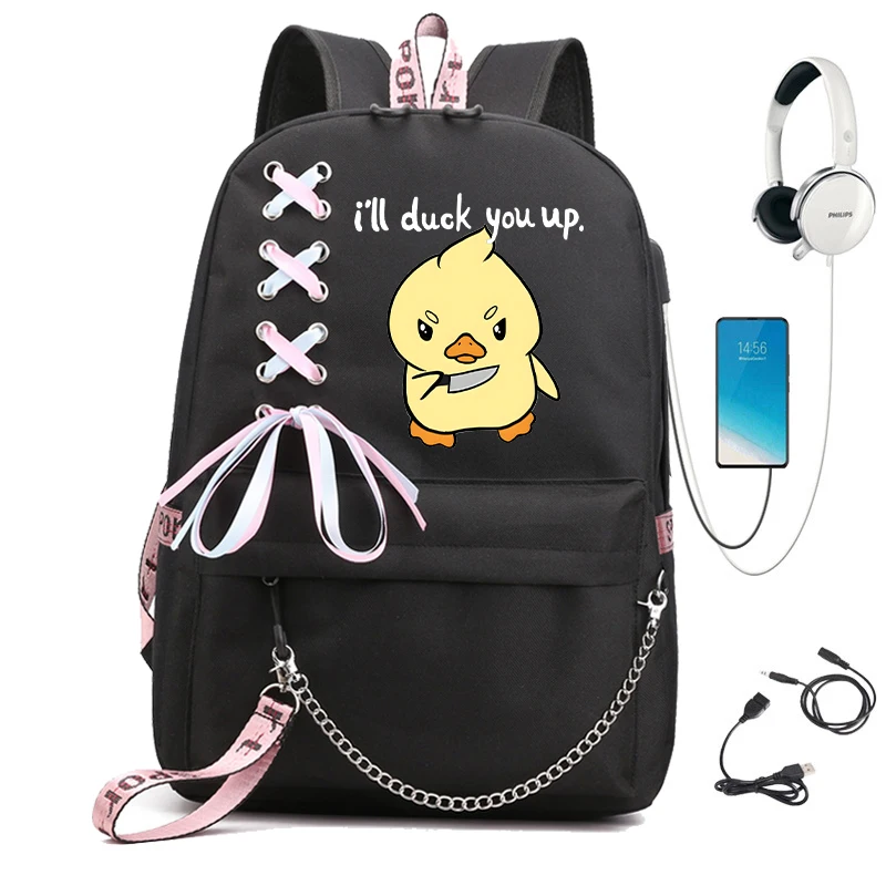 Mochila escolar de dibujos animados de Anime para niños y niñas, Bolsa Escolar Kawaii, I will Duck You Up